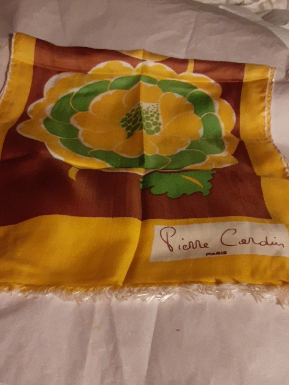 Pierre Cardin Yellow Brown Green Floral Silk Long  Scarf
